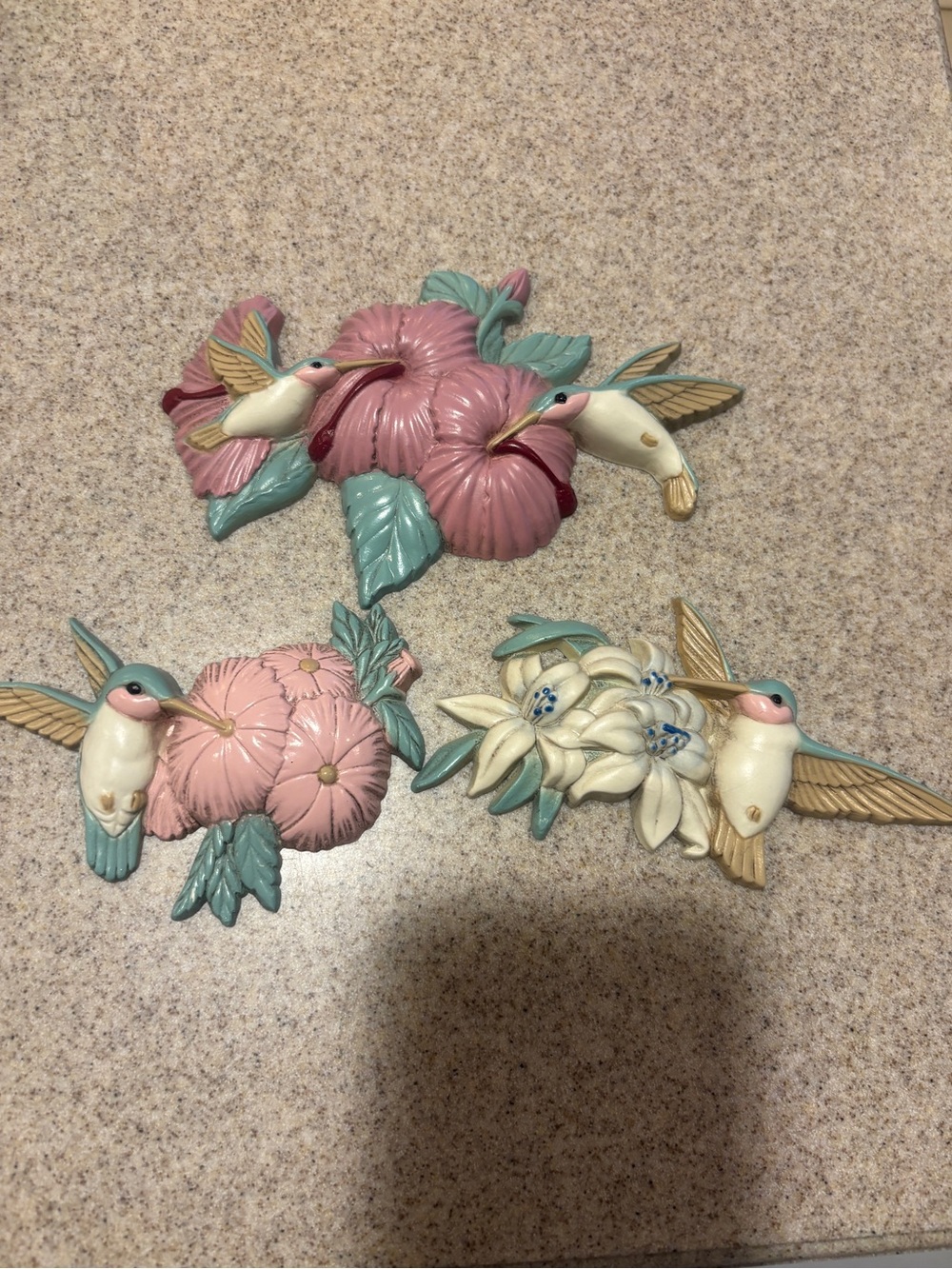 1990s Hummingbird Wall Decor Lot 3 Vintage 3303 Burwood Pastel Floral USA